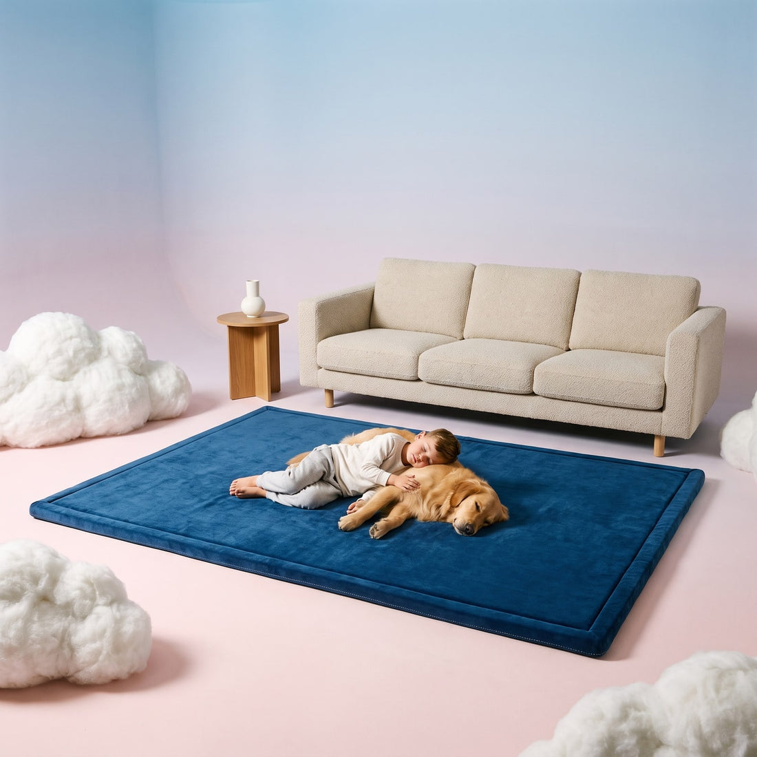 Boy and dog napping on a Reef Blue Marshie Mat